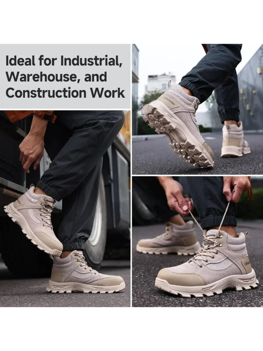 Men's Beige Splashproof Shoes Casual High Top Steel Toe Non Slip Hiking Boots